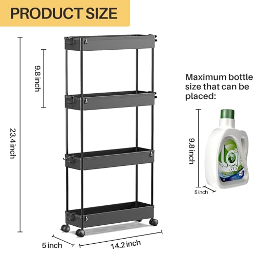 SPACEKEEPER Slim Rolling Storage Cart 4 Tier Organizer Mobile Shelving Unit Utility Cart Tower Rack for Kitchen Bathroom Laundry Narrow Places, Black