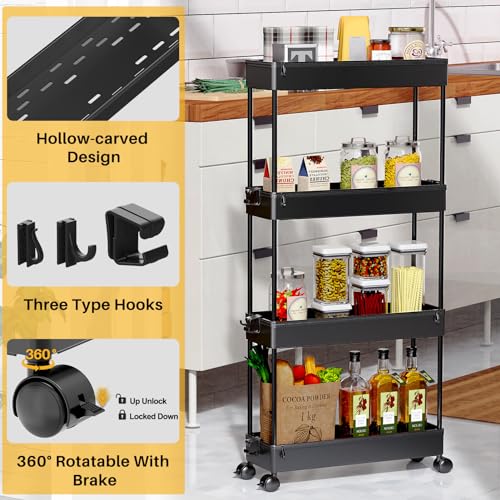 SPACEKEEPER Slim Rolling Storage Cart 4 Tier Organizer Mobile Shelving Unit Utility Cart Tower Rack for Kitchen Bathroom Laundry Narrow Places, Black