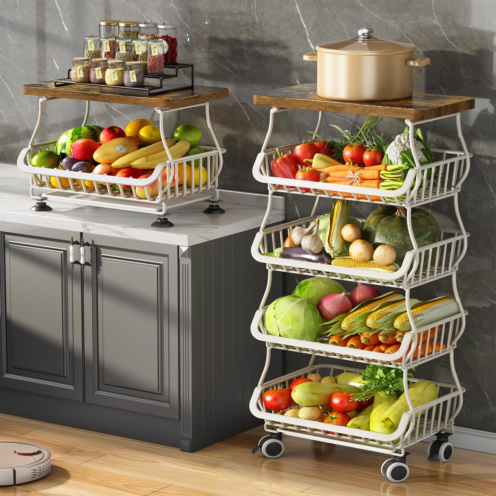 Fruit Basket for Kitchen with Wood Top 5 Tier, SAYZH Stackable Fruit and Vegetable Storage Cart, Wire Storage Basket with Wheels, Vegetable Basket Bins Rack for Onions and Potatoes, White