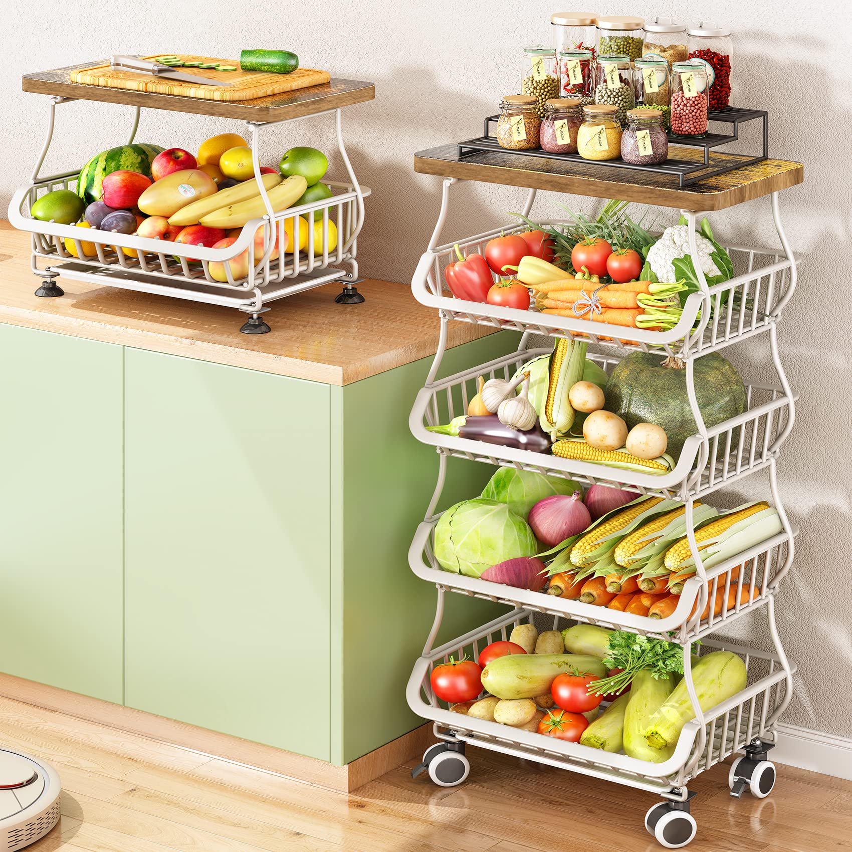 Fruit Basket for Kitchen with Wood Top 5 Tier, SAYZH Stackable Fruit and Vegetable Storage Cart, Wire Storage Basket with Wheels, Vegetable Basket Bins Rack for Onions and Potatoes, White