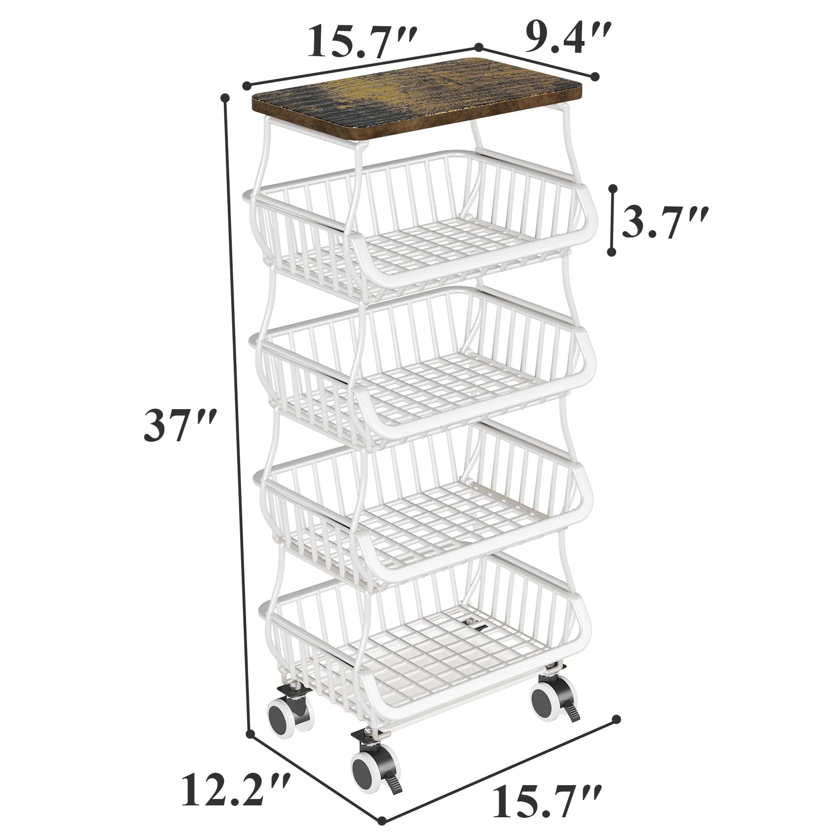 Fruit Basket for Kitchen with Wood Top 5 Tier, SAYZH Stackable Fruit and Vegetable Storage Cart, Wire Storage Basket with Wheels, Vegetable Basket Bins Rack for Onions and Potatoes, White