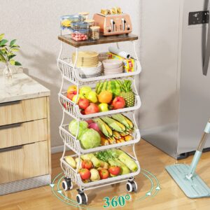 Fruit Basket for Kitchen with Wood Top 5 Tier, SAYZH Stackable Fruit and Vegetable Storage Cart, Wire Storage Basket with Wheels, Vegetable Basket Bins Rack for Onions and Potatoes, White