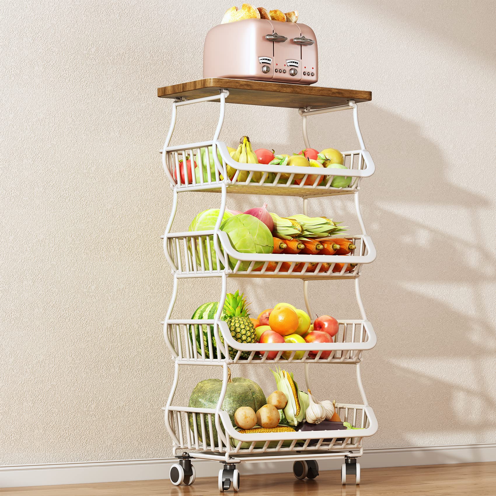 Fruit Basket for Kitchen with Wood Top 5 Tier, SAYZH Stackable Fruit and Vegetable Storage Cart, Wire Storage Basket with Wheels, Vegetable Basket Bins Rack for Onions and Potatoes, White