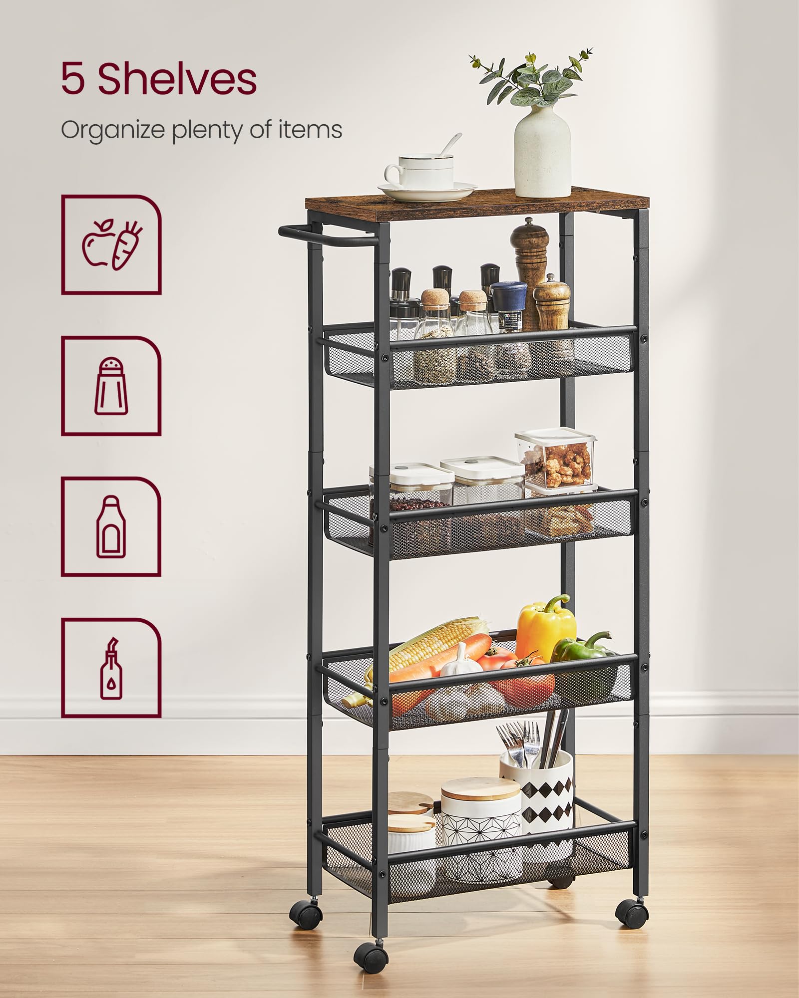 VASAGLE Slim Rolling Cart, 5-Tier Storage Cart, Narrow Cart with Handle, 8.7 Inches Deep, Metal Frame, for Kitchen, Dining Room, Living Room, Home Office, Rustic Brown and Black ULRC035B01