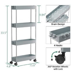 OTK Slim Storage Cart 4 Tier Mobile Shelving Unit Organizer, Utility Rolling Shelf Cart with Wheels for Bathroom Kitchen Bedroom Office Laundry Narrow Places，Grey