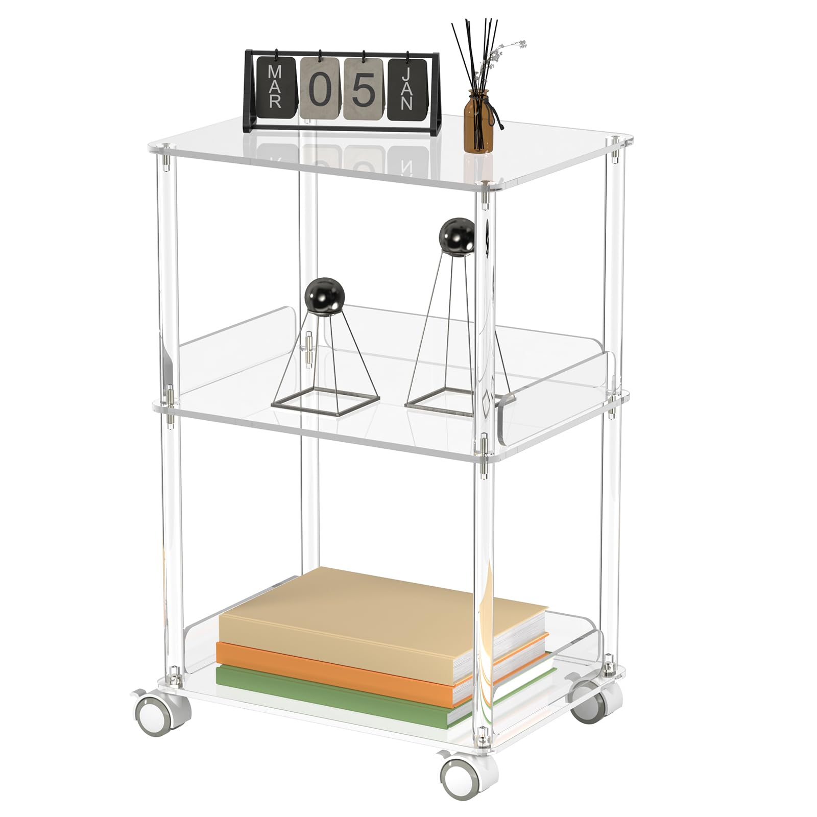 AQUIVER Acrylic Rolling Side Table - 3 Tiers End Table with Lockable Wheels - Small Clear Table for Living Room, Bedroom, Office - 15.6'' L x 11.6'' W x 24'' H