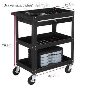 3 Tier Rolling Tool Cart,Heavy Duty Steel Utility Cart, Tool Organizer with Drawer,Tool cart on Wheels for Mechanics Design for Garage,Warehouse & Repair Shop (Black)