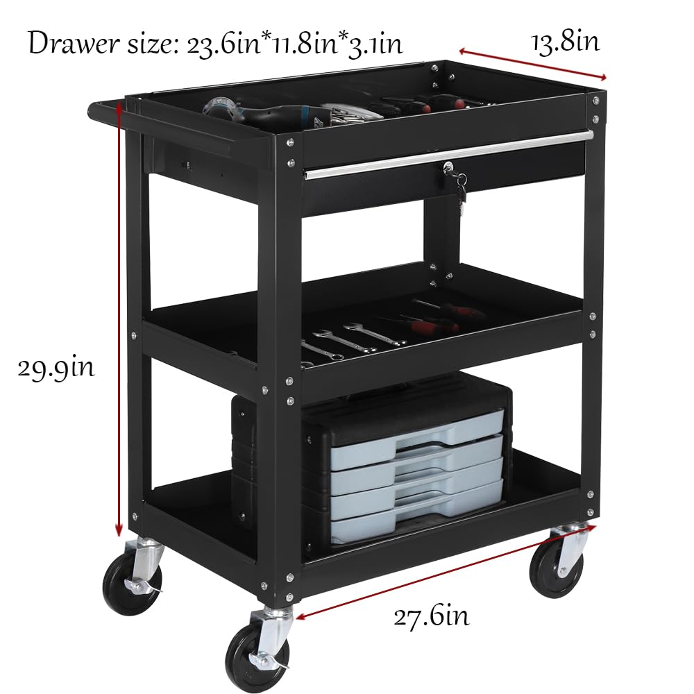 3 Tier Rolling Tool Cart,Heavy Duty Steel Utility Cart, Tool Organizer with Drawer,Tool cart on Wheels for Mechanics Design for Garage,Warehouse & Repair Shop (Black)