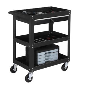 3 Tier Rolling Tool Cart,Heavy Duty Steel Utility Cart, Tool Organizer with Drawer,Tool cart on Wheels for Mechanics Design for Garage,Warehouse & Repair Shop (Black)