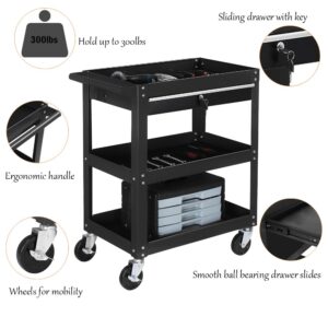 3 Tier Rolling Tool Cart,Heavy Duty Steel Utility Cart, Tool Organizer with Drawer,Tool cart on Wheels for Mechanics Design for Garage,Warehouse & Repair Shop (Black)