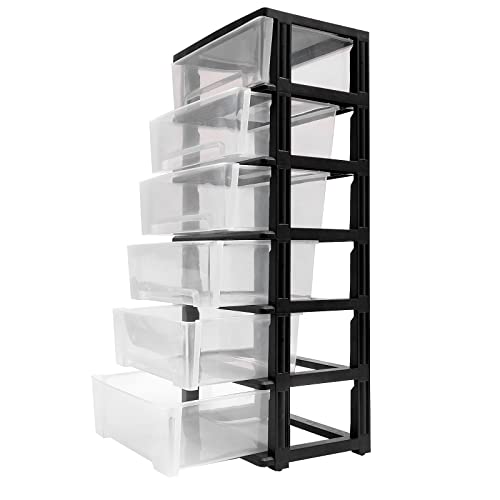 RustyVioum 6-Tier Books Storage Organizer, Rolling Storage Carts File Storage, Rolling Kitchen Cart Trolley w/Wheels for Closet Living Room Hallway Dormitory, Black+Clear/White+Clear (Black+Clear)