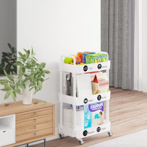 Laiensia 3-Tier Storage Cart,Multifunction Kitchen Storage Organizer,Mobile Shelving Unit Utility Rolling Cart with Lockable Wheels for Bathroom,Laundry,Living Room,With Classified Stickers,White