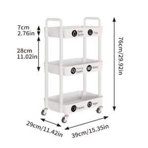 Laiensia 3-Tier Storage Cart,Multifunction Kitchen Storage Organizer,Mobile Shelving Unit Utility Rolling Cart with Lockable Wheels for Bathroom,Laundry,Living Room,With Classified Stickers,White