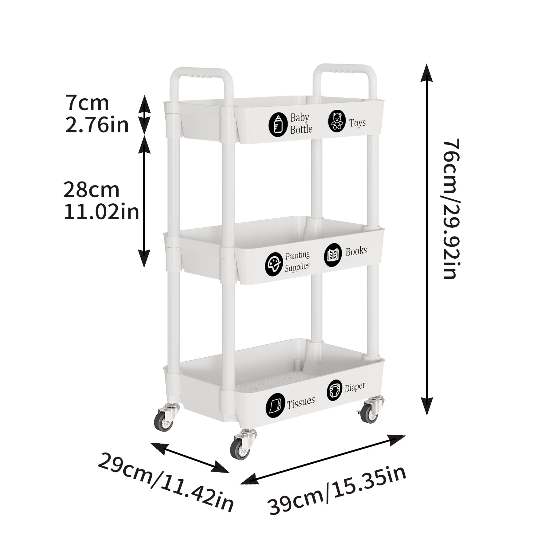 Laiensia 3-Tier Storage Cart,Multifunction Kitchen Storage Organizer,Mobile Shelving Unit Utility Rolling Cart with Lockable Wheels for Bathroom,Laundry,Living Room,With Classified Stickers,White