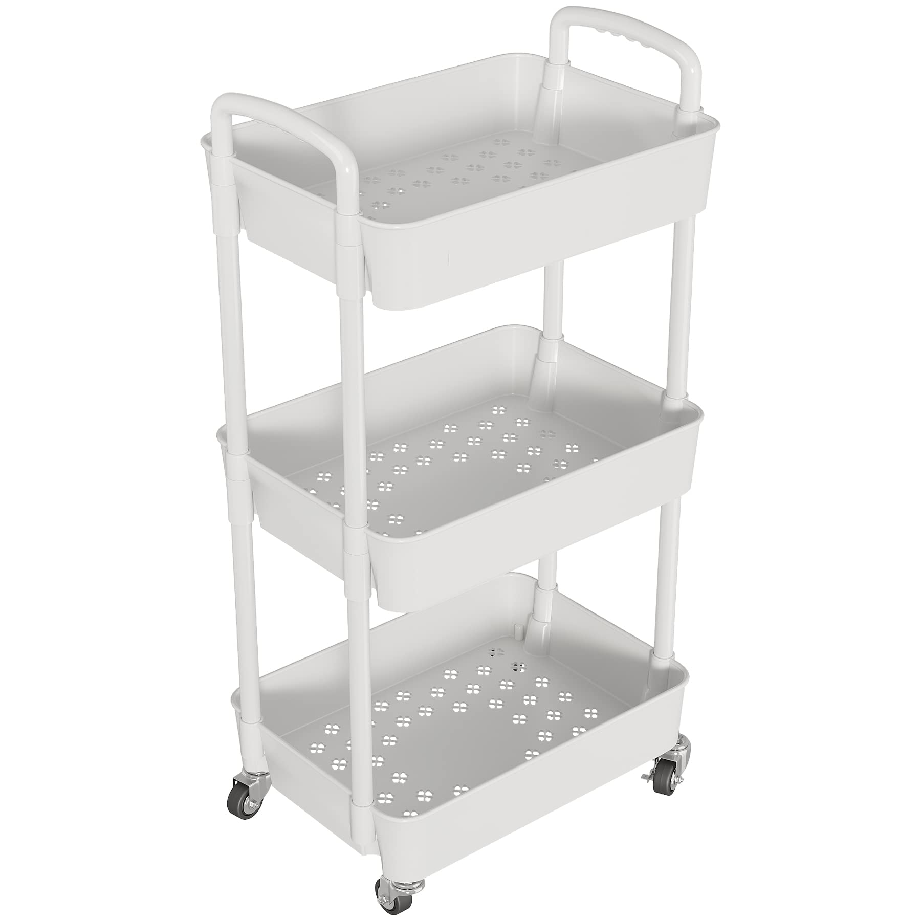 Laiensia 3-Tier Storage Cart,Multifunction Kitchen Storage Organizer,Mobile Shelving Unit Utility Rolling Cart with Lockable Wheels for Bathroom,Laundry,Living Room,With Classified Stickers,White