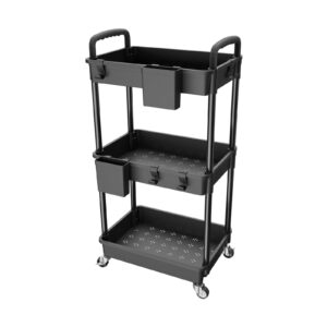 3 Tier Rolling Utility Cart with Handle,REBECAT Utility Cart Made of Multifunctional Storage Organizer Tool for Kitchen,Bathroom,Living Room,Office(Black)