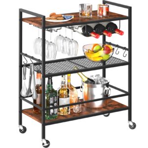 yoobure bar cart with wheels, bar carts for the home, 3-tier rolling kitchen cart with wine rack and glass holder, home bar & serving carts with hooks wine cart microwave cart for kitchen living room