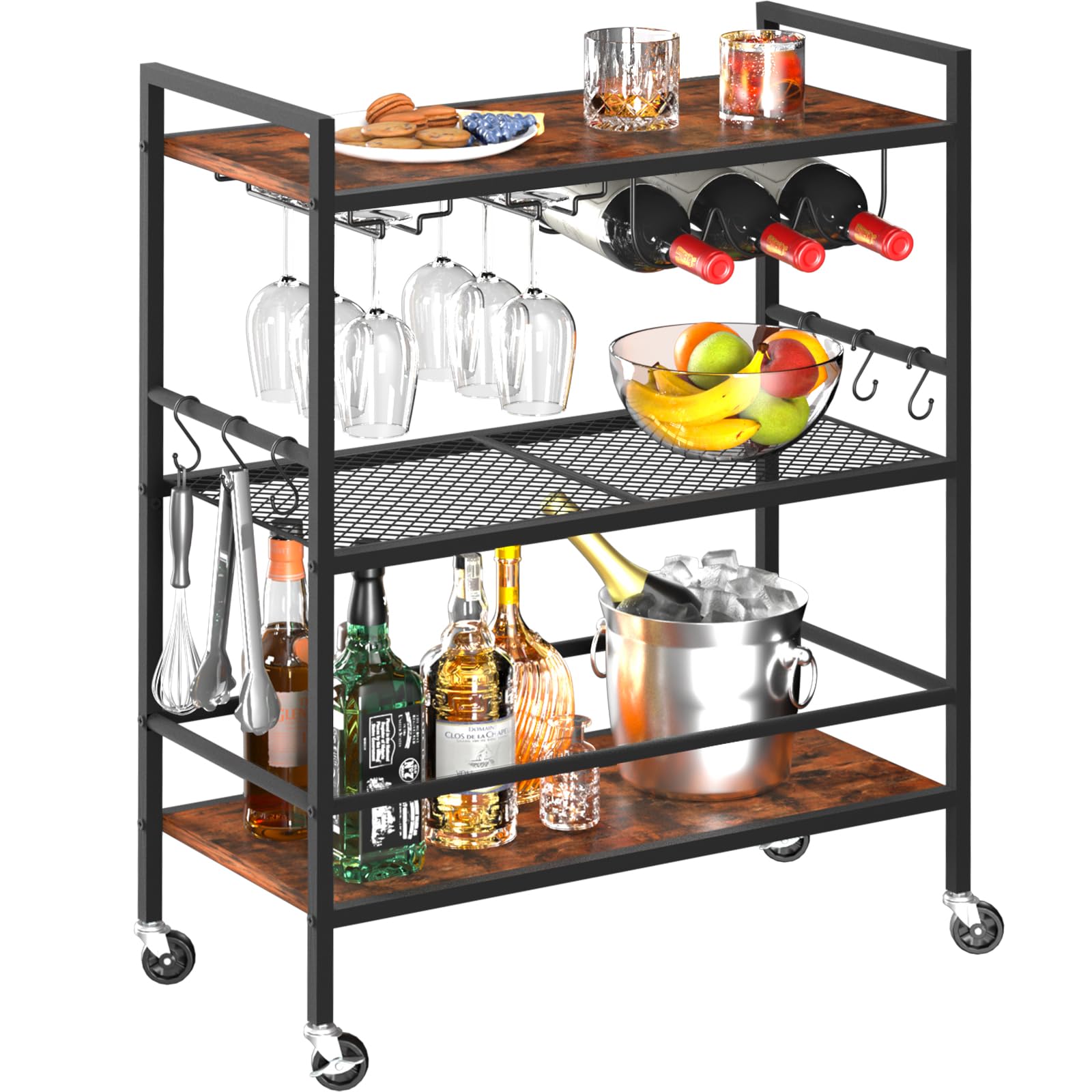 Yoobure Bar Cart with Wheels, Bar Carts for The Home, 3-Tier Rolling Kitchen Cart with Wine Rack and Glass Holder, Home Bar & Serving Carts with Hooks Wine Cart Microwave Cart for Kitchen Living Room