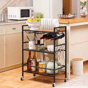 Yoobure Bar Cart with Wheels, Bar Carts for The Home, 3-Tier Rolling Kitchen Cart with Wine Rack and Glass Holder, Home Bar & Serving Carts with Hooks Wine Cart Microwave Cart for Kitchen Living Room