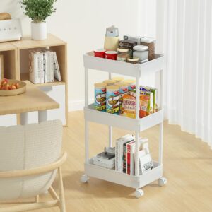 Sooyee 3-Tier Plastic Rolling Utility Cart with Wheels, Multi-Functional Storage Trolley for Office, Living Room, Kitchen, Movable Storage Organizer with Wheels, White