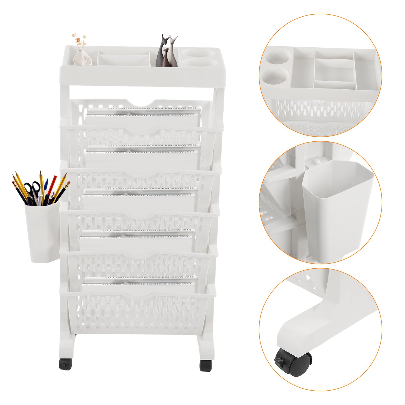 DULRLLY 6 Tier Movable Book Rack Storage Bookshelf Rolling Utility Cart Bookcase Organizer Removable Bookshelfs with Wheels Multifunctional Book Cart File Storage Book Shelf for Office Bedroom(White)