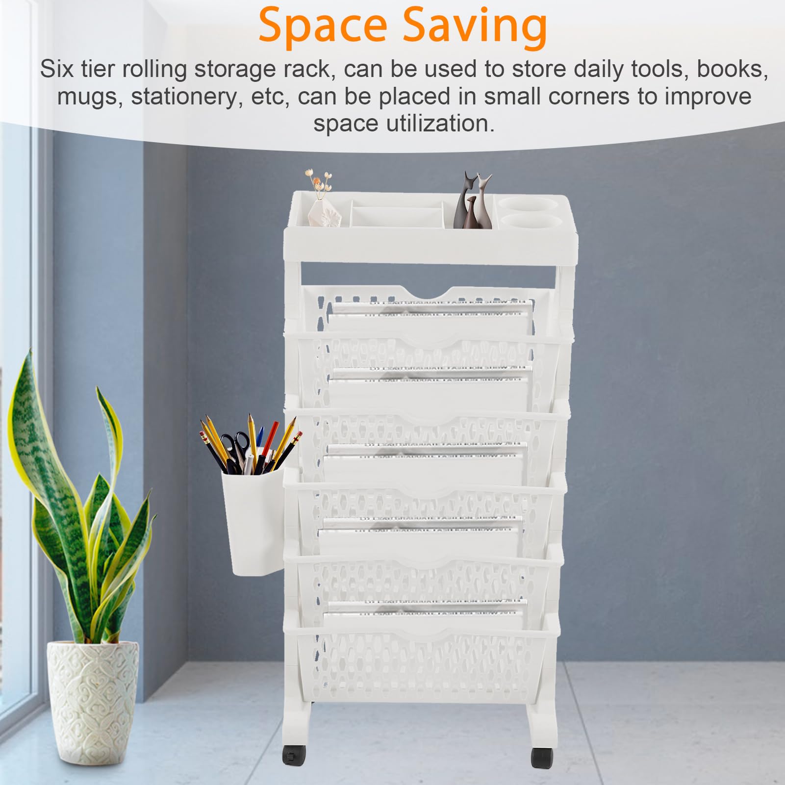 DULRLLY 6 Tier Movable Book Rack Storage Bookshelf Rolling Utility Cart Bookcase Organizer Removable Bookshelfs with Wheels Multifunctional Book Cart File Storage Book Shelf for Office Bedroom(White)