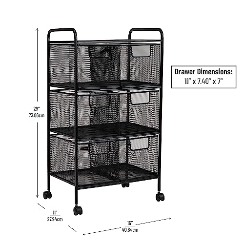 Mind Reader Cart with Drawers, Laundry Organizer, Utility Cart, Bathroom, Kitchen, Metal Mesh, 16"L x 11"W x 29"H, Black