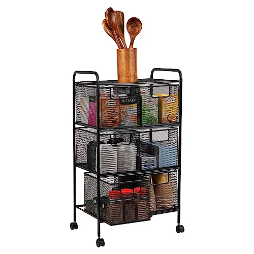 Mind Reader Cart with Drawers, Laundry Organizer, Utility Cart, Bathroom, Kitchen, Metal Mesh, 16"L x 11"W x 29"H, Black