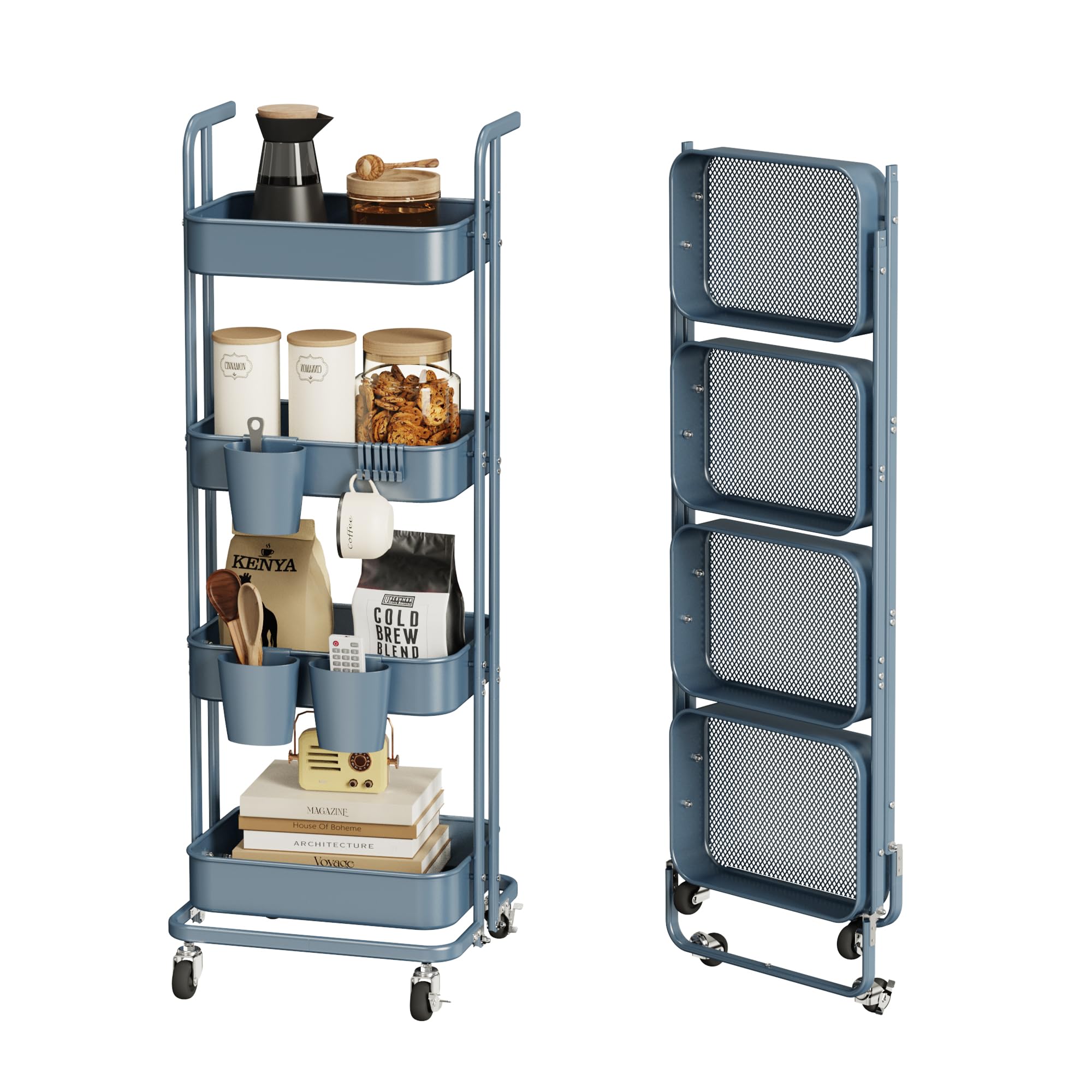 Merapi 4 Tier Foldable Rolling Cart, Metal Utility Cart with Wheels, 3 Hanging Cups and 6 Hooks, Folding Trolley for Living Room, Kitchen, Bathroom, Bedroom and Office, Blue