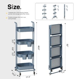 Merapi 4 Tier Foldable Rolling Cart, Metal Utility Cart with Wheels, 3 Hanging Cups and 6 Hooks, Folding Trolley for Living Room, Kitchen, Bathroom, Bedroom and Office, Blue