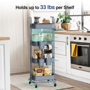 Merapi 4 Tier Foldable Rolling Cart, Metal Utility Cart with Wheels, 3 Hanging Cups and 6 Hooks, Folding Trolley for Living Room, Kitchen, Bathroom, Bedroom and Office, Blue