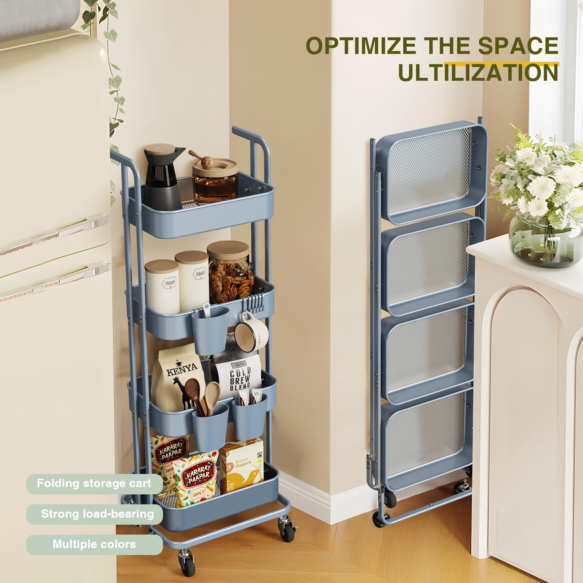 Merapi 4 Tier Foldable Rolling Cart, Metal Utility Cart with Wheels, 3 Hanging Cups and 6 Hooks, Folding Trolley for Living Room, Kitchen, Bathroom, Bedroom and Office, Blue