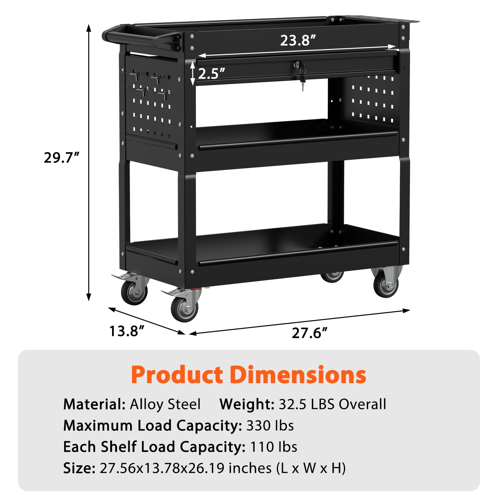 3 Tier Tool Cart on Wheels with Lockable Drawer, Heavy Duty Rolling Tool Cart,Large Storage Capability Tool Cart with Drawers, Suitable for Garage, Warehouse, and Repair Shop (Black)