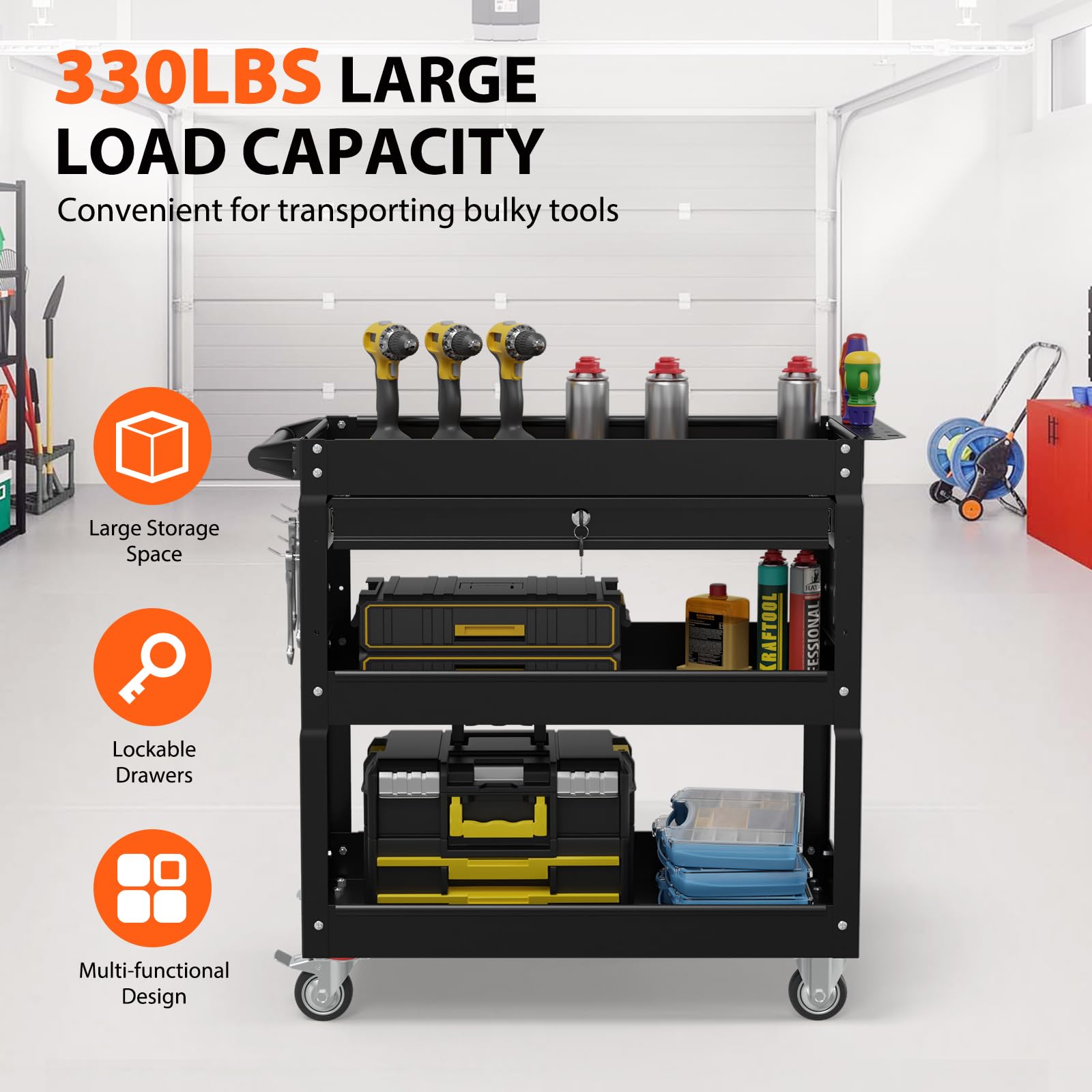 3 Tier Tool Cart on Wheels with Lockable Drawer, Heavy Duty Rolling Tool Cart,Large Storage Capability Tool Cart with Drawers, Suitable for Garage, Warehouse, and Repair Shop (Black)