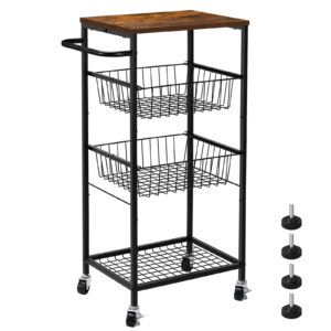 NORCEESAN Rolling Storage Cart 4 Tier Kitchen Cart on Wheels Metal Mobile Utility Cart with Storage Basket Shelf Bathroom Organizer Cart with Handle Pantry Trolley Cart with Tabletop for Home Office