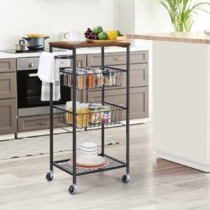 NORCEESAN Rolling Storage Cart 4 Tier Kitchen Cart on Wheels Metal Mobile Utility Cart with Storage Basket Shelf Bathroom Organizer Cart with Handle Pantry Trolley Cart with Tabletop for Home Office