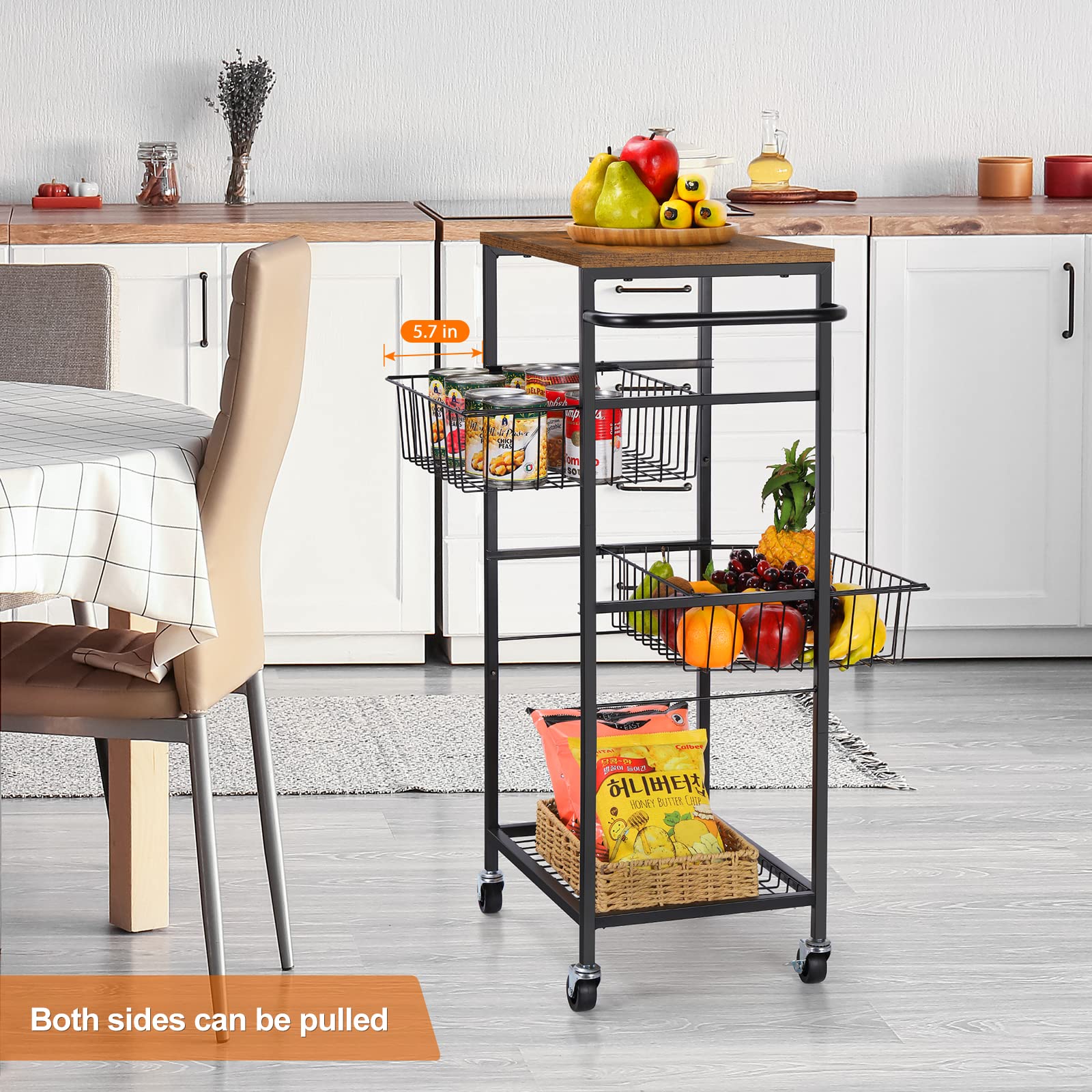 NORCEESAN Rolling Storage Cart 4 Tier Kitchen Cart on Wheels Metal Mobile Utility Cart with Storage Basket Shelf Bathroom Organizer Cart with Handle Pantry Trolley Cart with Tabletop for Home Office