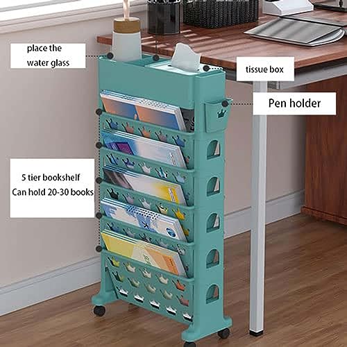 Utility Cart Organizer 6 Tier Rolling Cart with Wheels Portable Bookshelf on Wheels Narrow for Bedroom Living Room Home School,Green