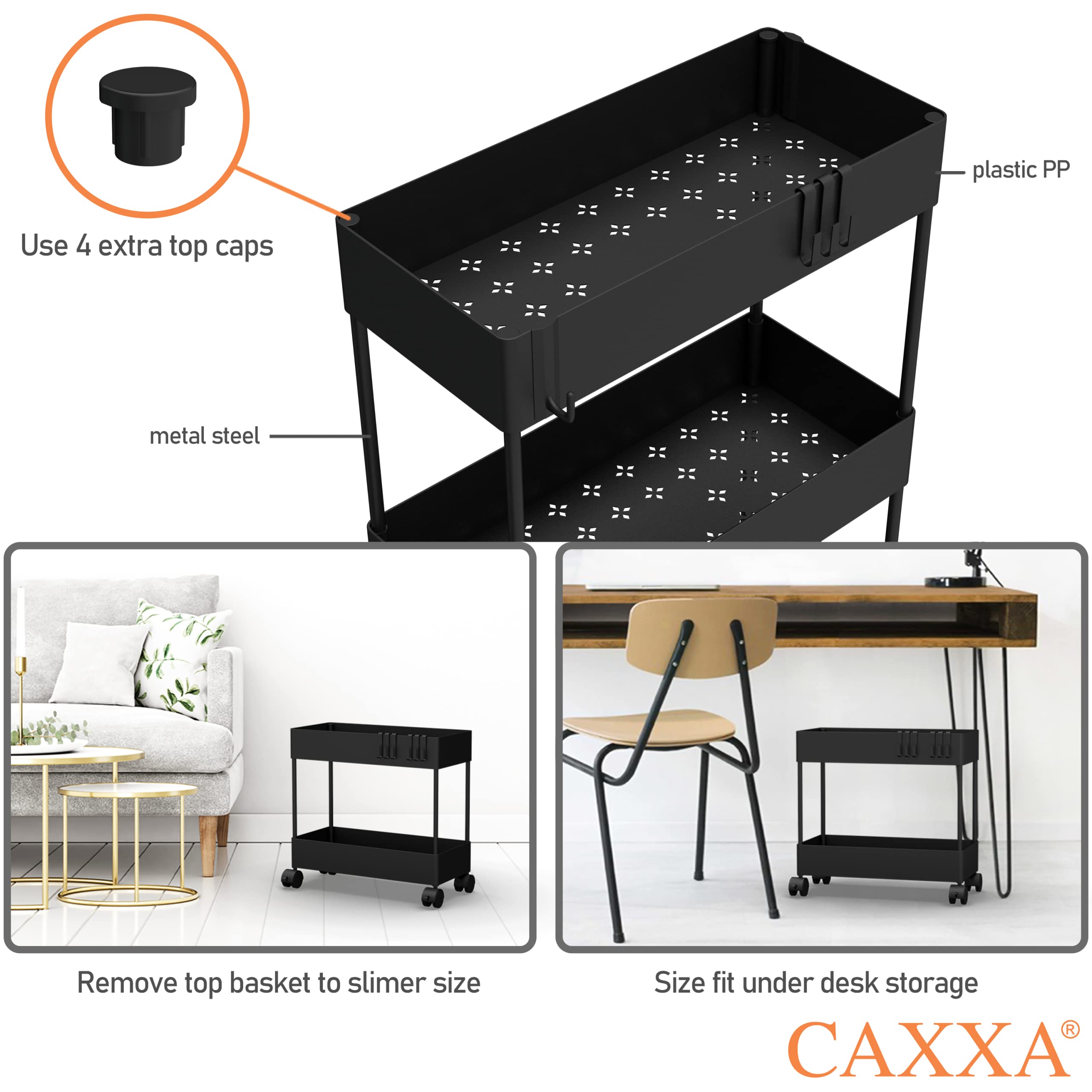 CAXXA 3 Tier Slim Mobile Utility Cart Rolling Cart,Plastic Basket Storage Organizer, for Kitchen Laundry Bathroom Living Room Narrow Place Slide Out Storage Cart with Casters (Black, 15.75Lx7W)