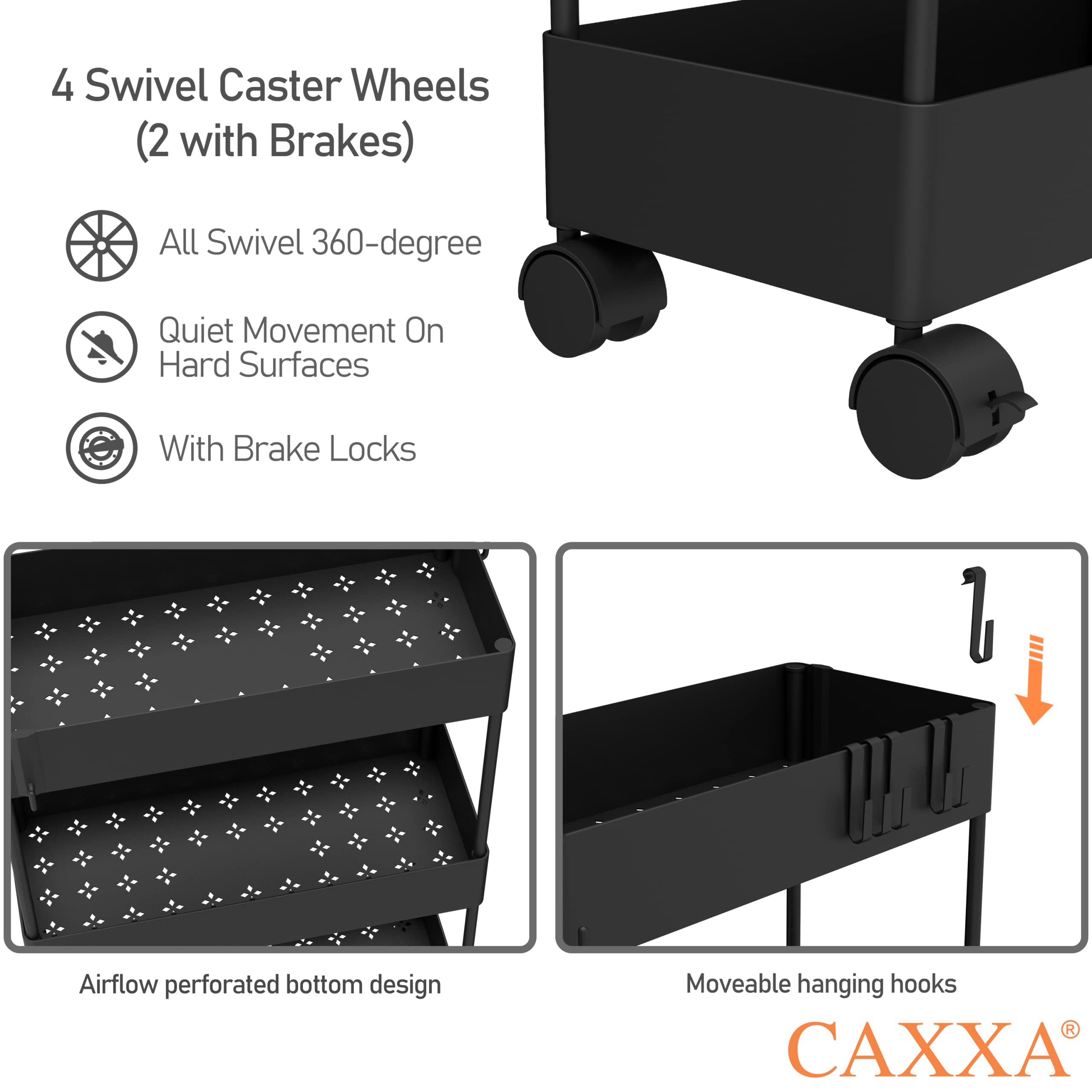 CAXXA 3 Tier Slim Mobile Utility Cart Rolling Cart,Plastic Basket Storage Organizer, for Kitchen Laundry Bathroom Living Room Narrow Place Slide Out Storage Cart with Casters (Black, 15.75Lx7W)