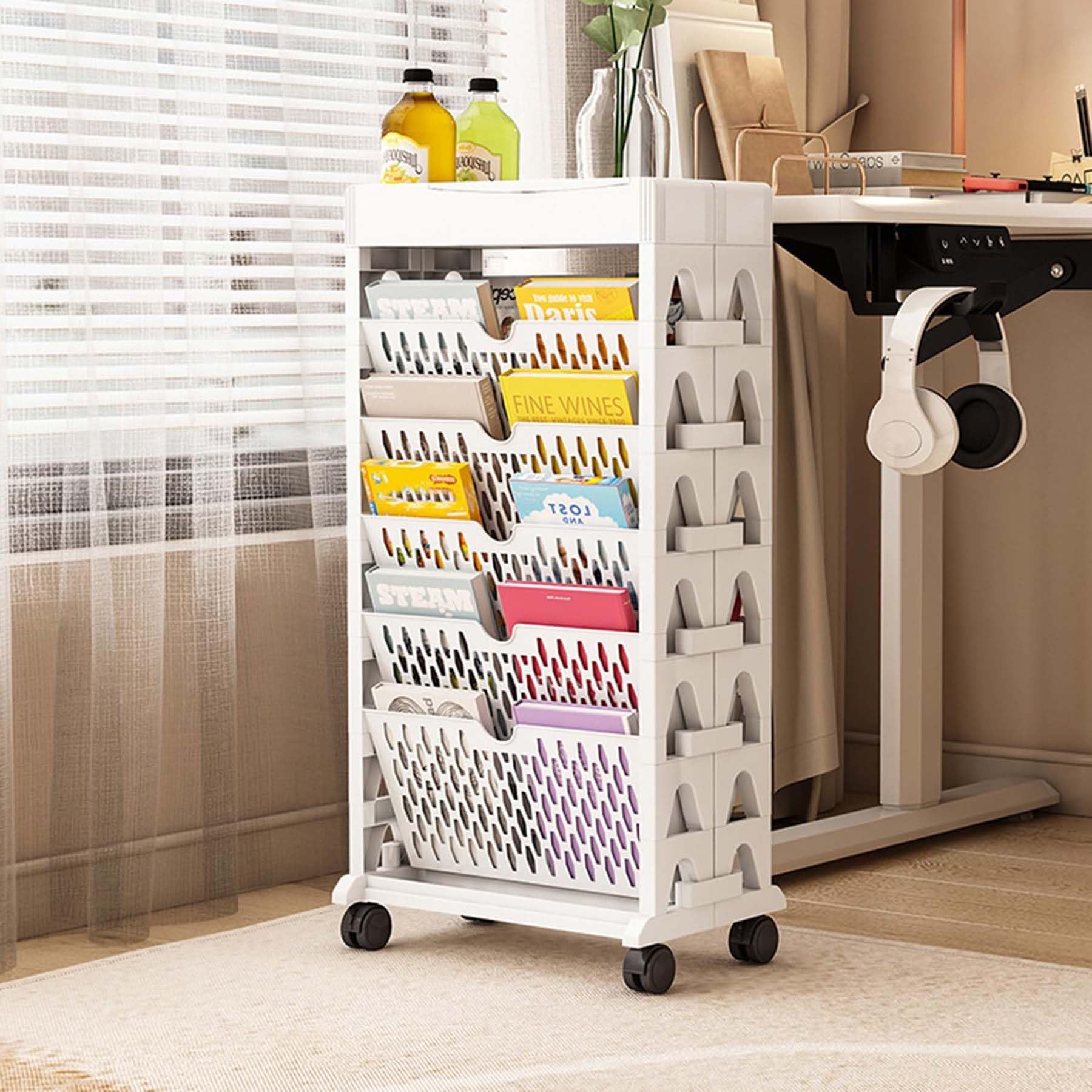 Utility Cart Organizer Mobile Bookshelf Cart Rolling 6 Tier Movable Bookshelf Cart Desk Side Cart for Office Dorm Classroom,White