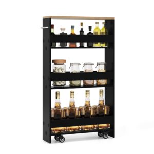 loko slim storage cart, 4-tier rolling cart with handle & wooden top for kitchen bathroom laundry living room narrow small spaces, 5 inches width (black & natural)