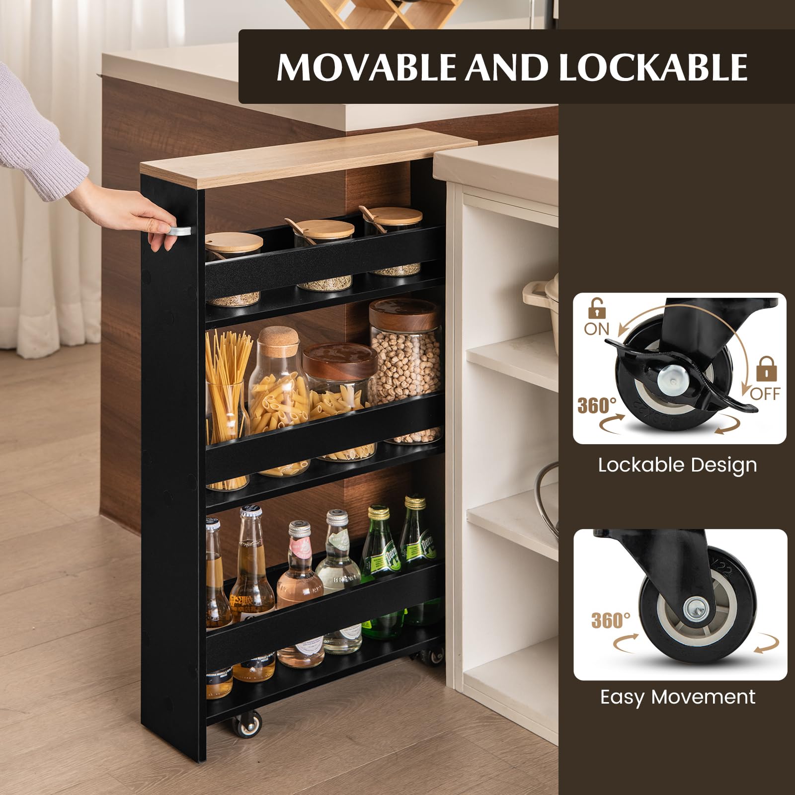 LOKO Slim Storage Cart, 4-Tier Rolling Cart with Handle & Wooden Top for Kitchen Bathroom Laundry Living Room Narrow Small Spaces, 5 Inches Width (Black & Natural)