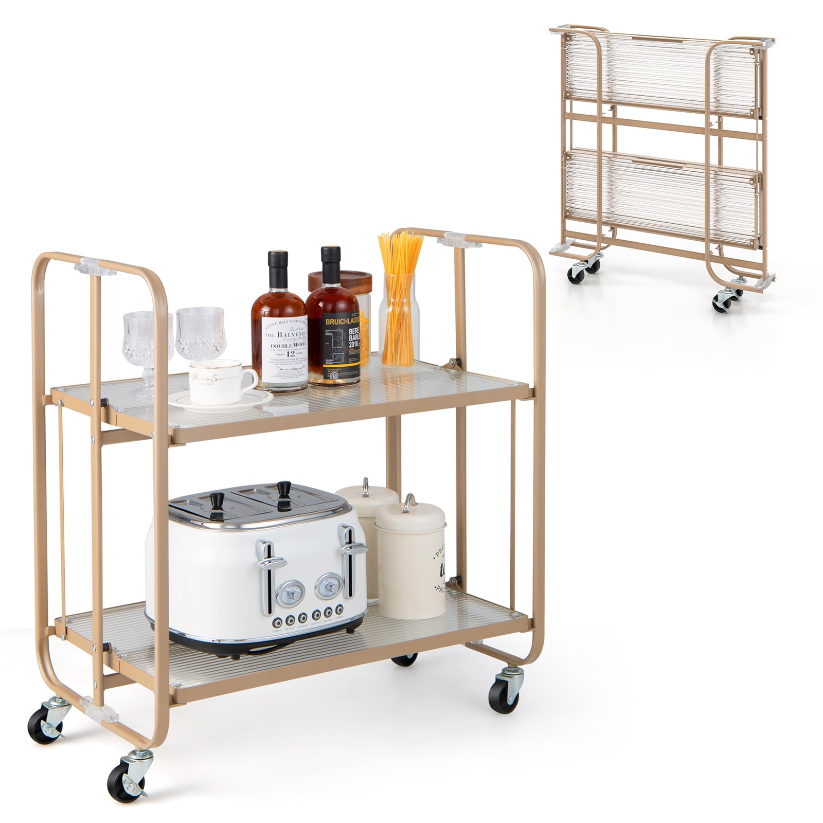 LOKO 2-Tier Foldable Bar Cart on Wheels, Mobile Home Bar & Serving Cart with Tempered Glass Shelf, Rolling Kitchen Island Cart with Powder-Coated Metal Frame, for Dining Room Living Room, Rose Gold