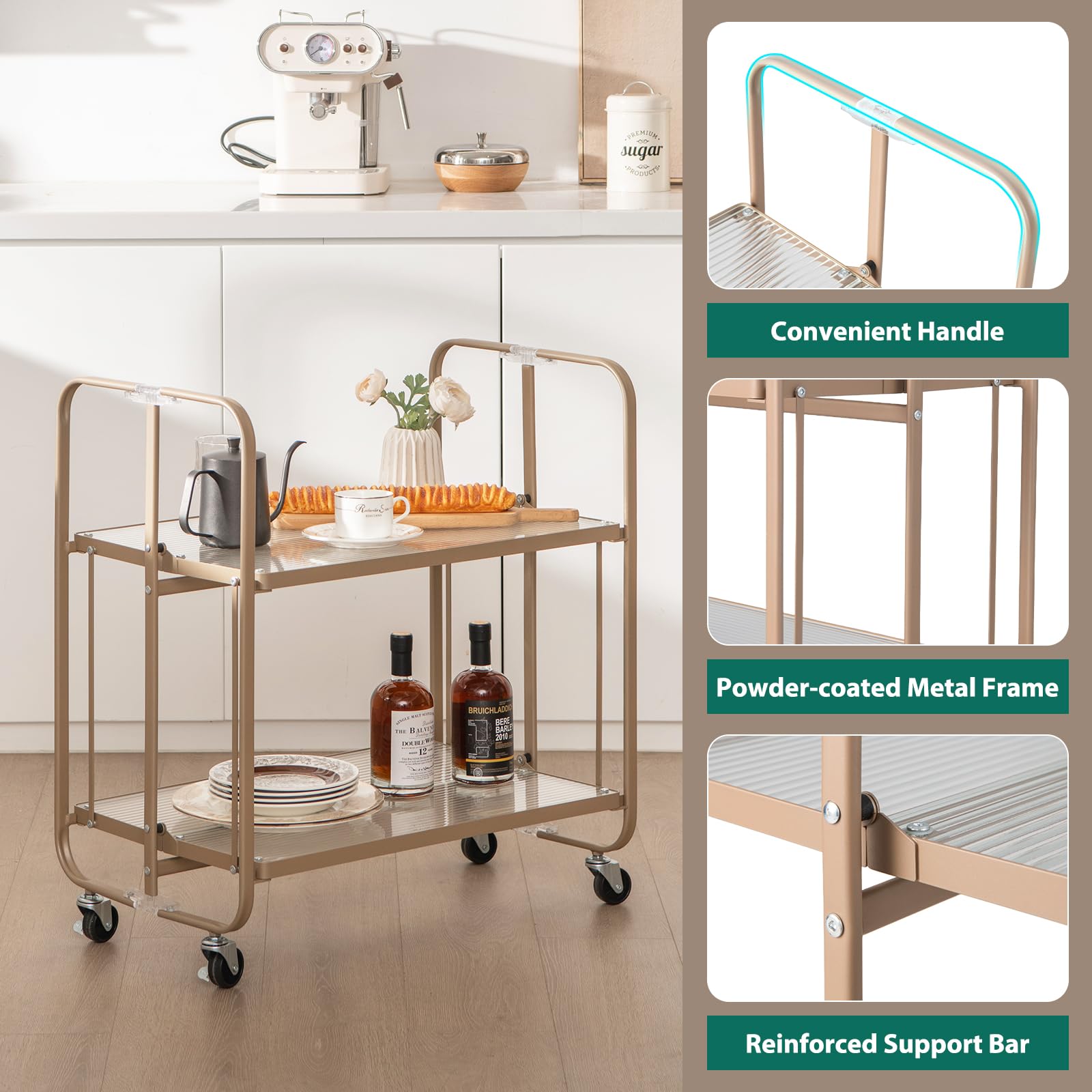 LOKO 2-Tier Foldable Bar Cart on Wheels, Mobile Home Bar & Serving Cart with Tempered Glass Shelf, Rolling Kitchen Island Cart with Powder-Coated Metal Frame, for Dining Room Living Room, Rose Gold