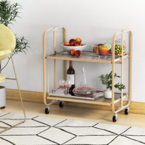LOKO 2-Tier Foldable Bar Cart on Wheels, Mobile Home Bar & Serving Cart with Tempered Glass Shelf, Rolling Kitchen Island Cart with Powder-Coated Metal Frame, for Dining Room Living Room, Rose Gold