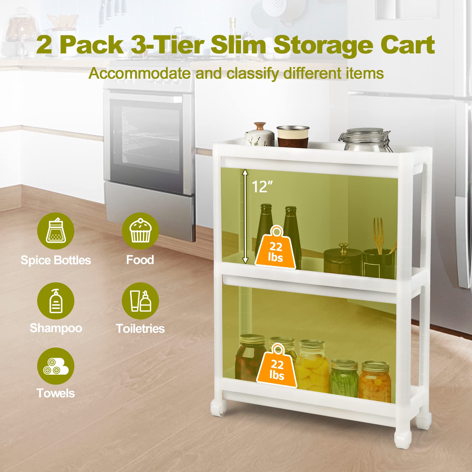 S AFSTAR 3 Tier Rolling Utility Cart Set of 2, Slide Out Mobile Utility Cart for Small Space, Free Combination-Easy Assembly Shelving Unit, 2-Pack 3-Tier Slim Storage Cart for Bathroom Laundry Room