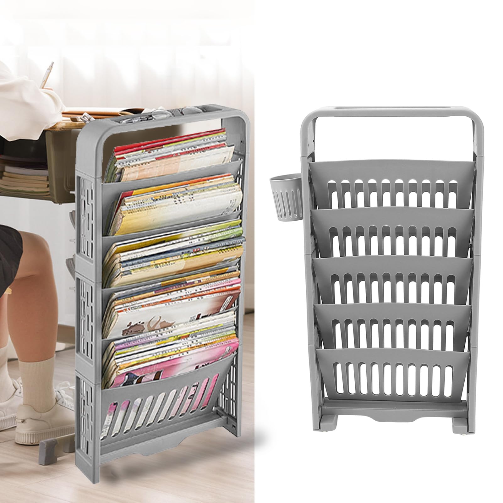 6 Tier Book Rack Storage Bookshelf, Removable Movable Unique Bookcase, Slim Storage Trolley for Books, Corner Display Rack for Dorm Library, Multi Purpose Rolling Cart (Gray)