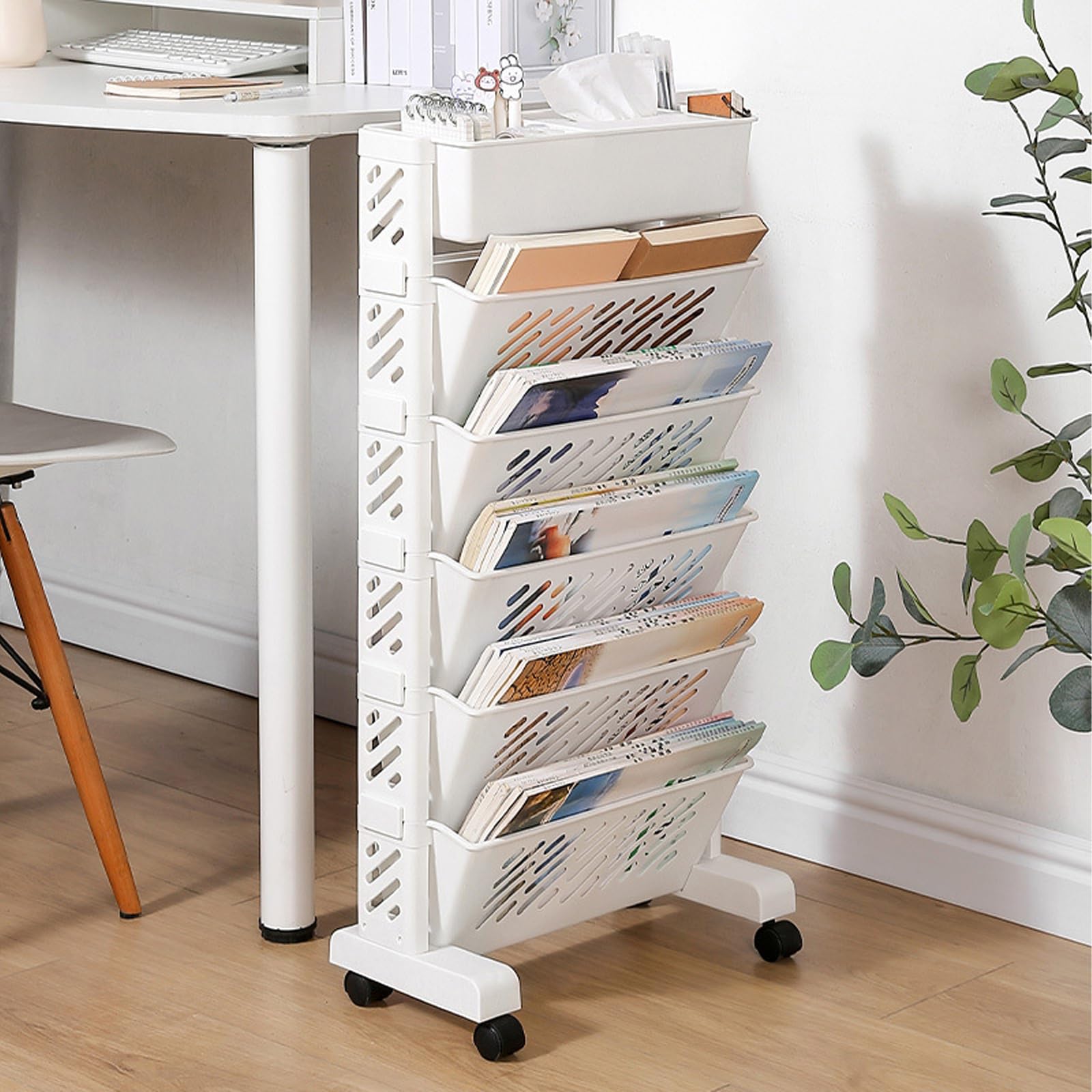 5/6 Tier Mobile Bookshelf, Large Capacity Rolling Cart Storage, Multifunctional File Organizer Cart, Utility Cart on Wheels for Groceries