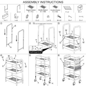 3 Tier Rolling Utility Cart - Metal White Cart Organizer with Wheels, Book Cart with DIY Dual Pegboards, Removable Baskets Hooks